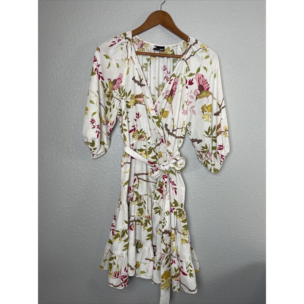 Maison Tara Cream Floral Birds Knee Length Dress Faux Wrap Belted Ruffles Sz S